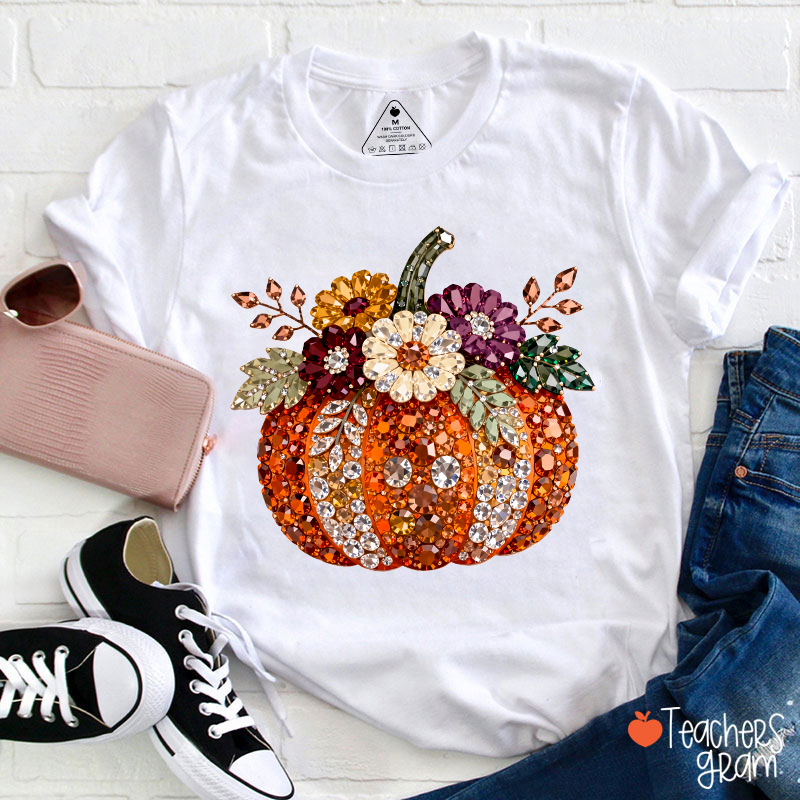 Faux Rhinestone Floral Pumpkin Teacher T-Shirt