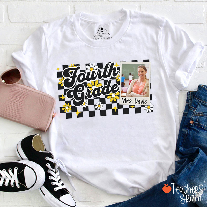Personalized Grade And Name With Photo Checkered Daisy Teacher T-Shirt