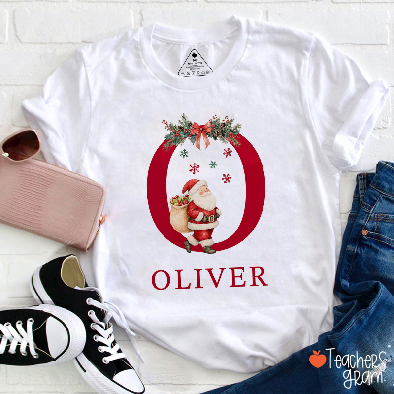 Personalized Name Snowman Santa Claus Merry Christmas Teacher T-Shirt