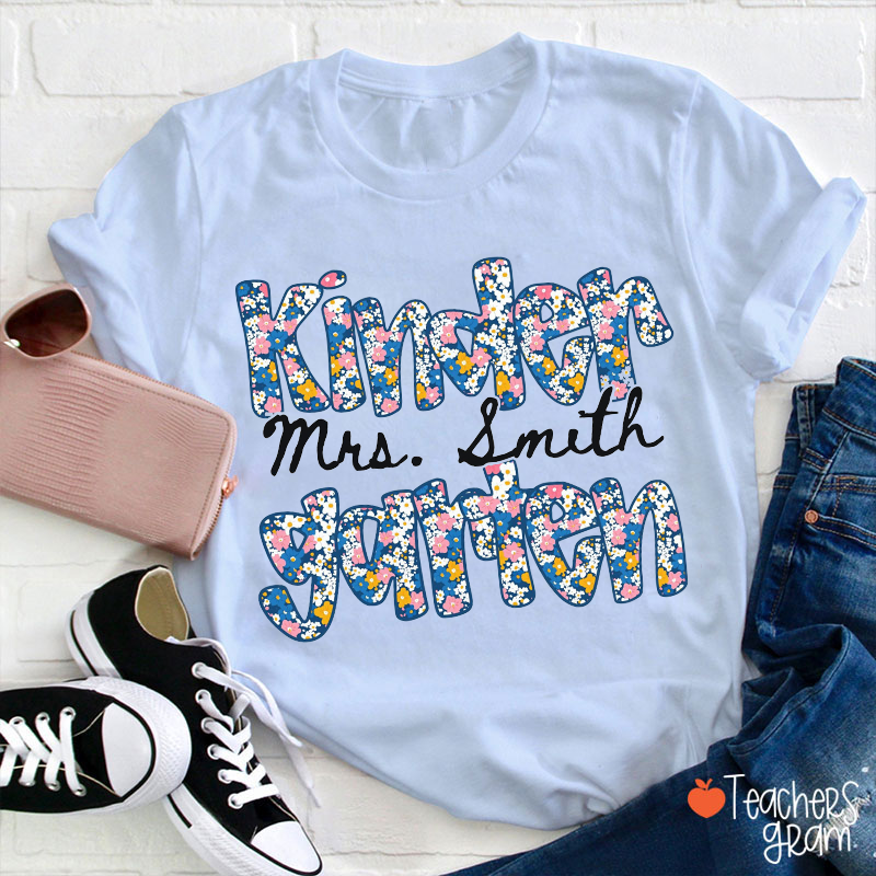 Personalized Grade Name Floral Blue Teacher T-Shirt