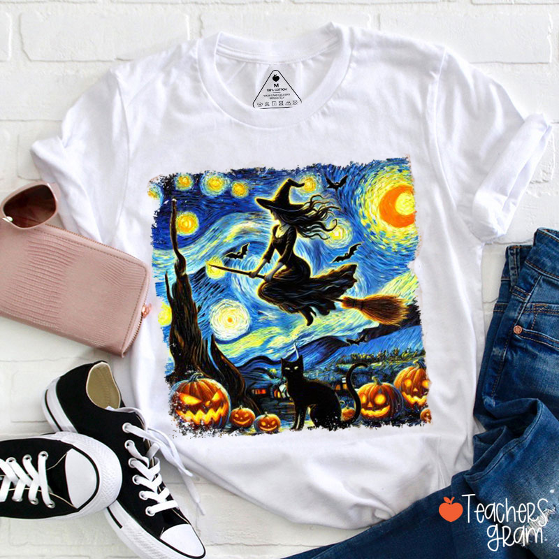 Starry Night Halloween Witch Van Gogh Style Art Teacher T-Shirt