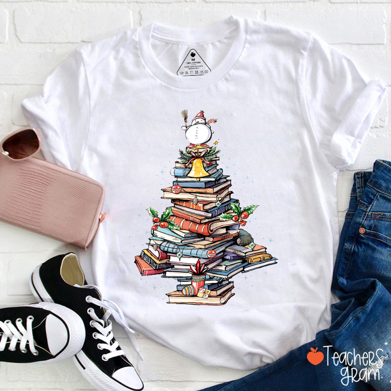 Snowman Books Christmas Tree Teacher T-Shirt