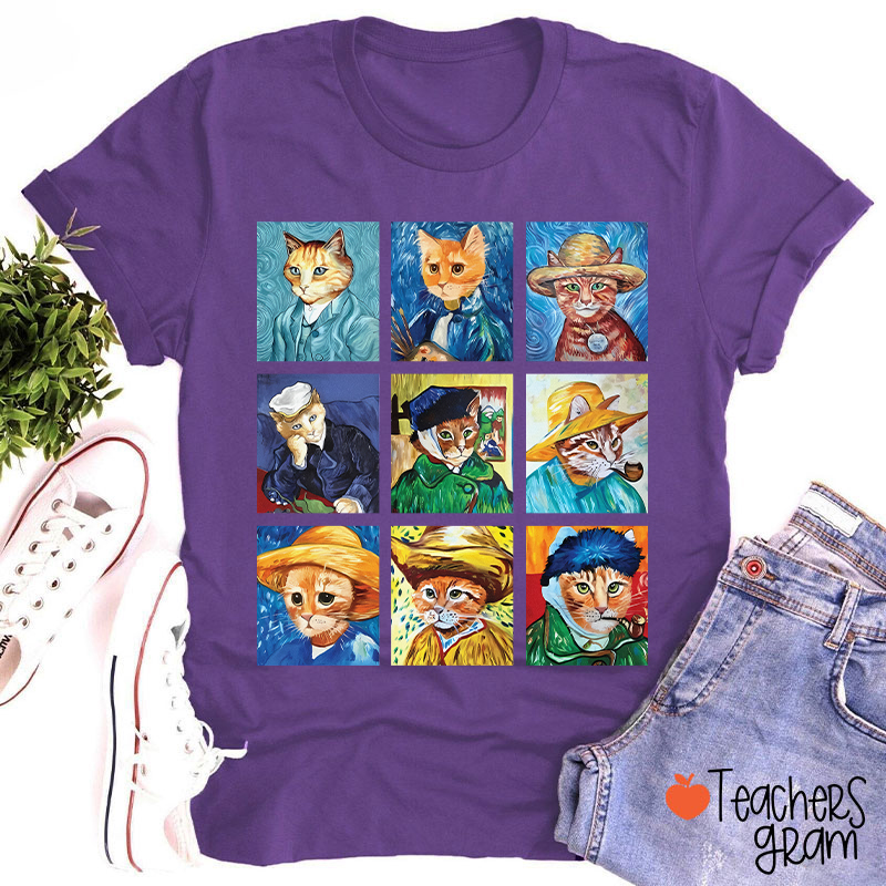 Funny Cats Painting Van Gogh Art Lover Teacher T-Shirt