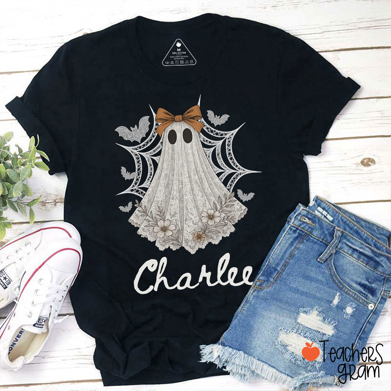 Personalized Name Lace Ghost Spider Web Teacher T-Shirt