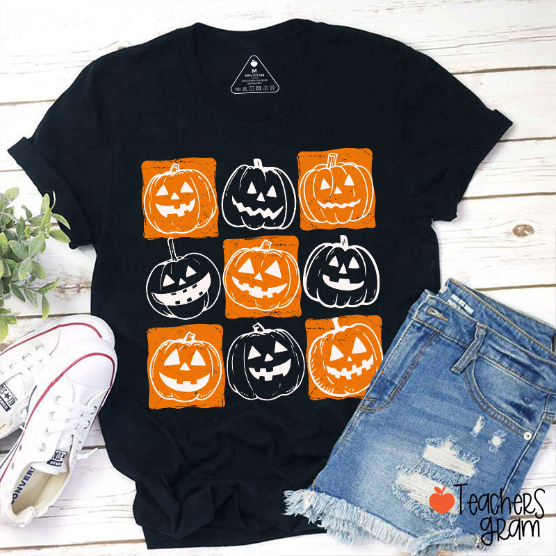 Distressed Halloween Pumpkin Grid Teacher T-Shirt