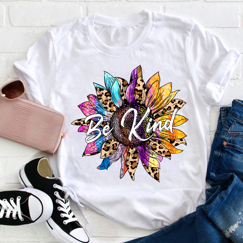 Be Kind Colorful Leopard Sunflower Teacher T-Shirt