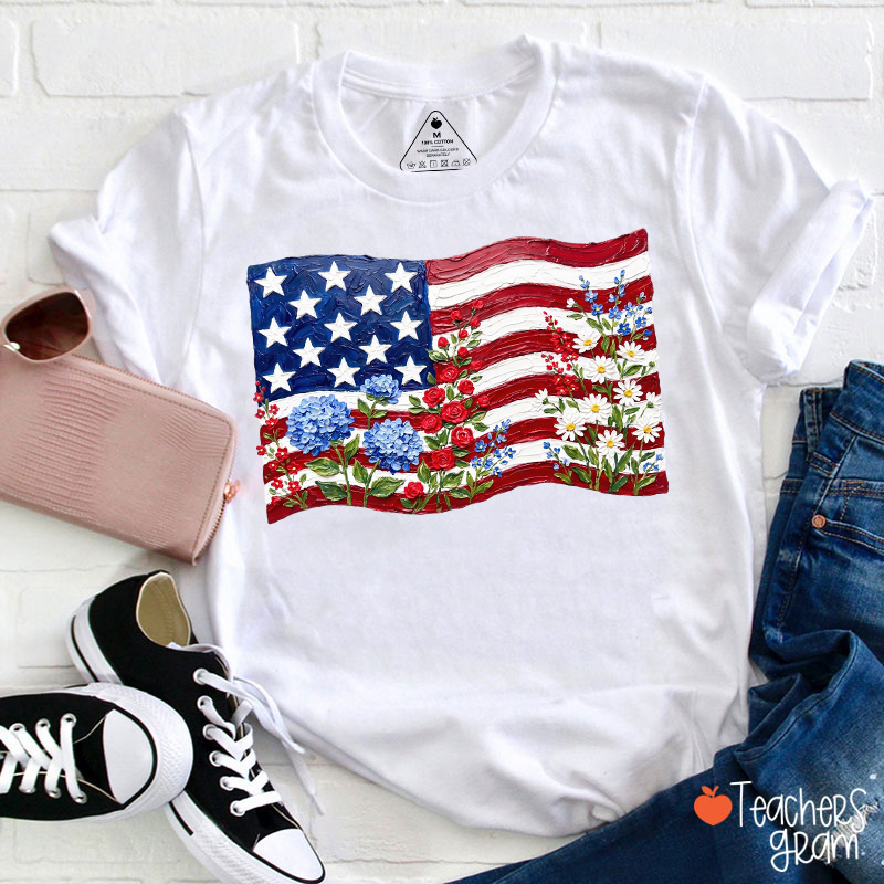 Floral American Flag Teacher T-Shirt
