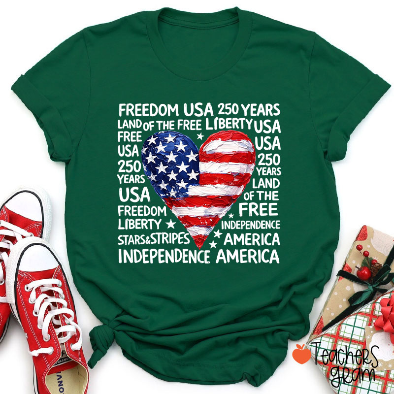 Heart Shaped American Flag Teacher T-Shirt