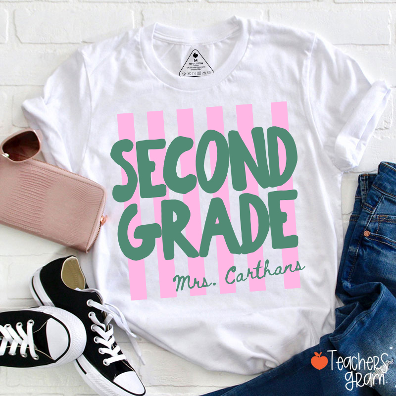 Personalized Grade And Name Pink Stripes Teacher T-Shirt