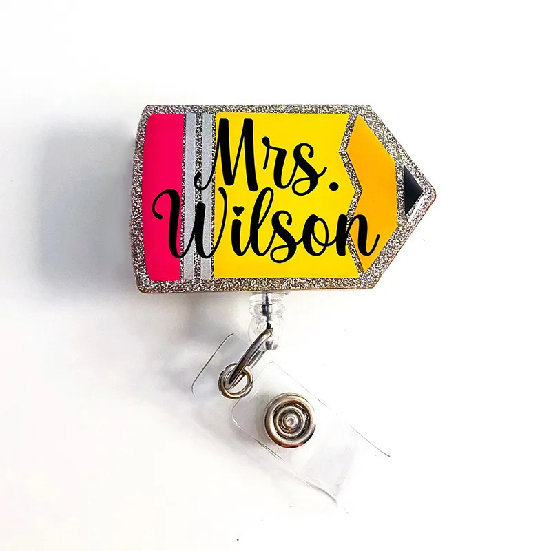 Personalized Name Glitter Pencil Teacher Badge Reel