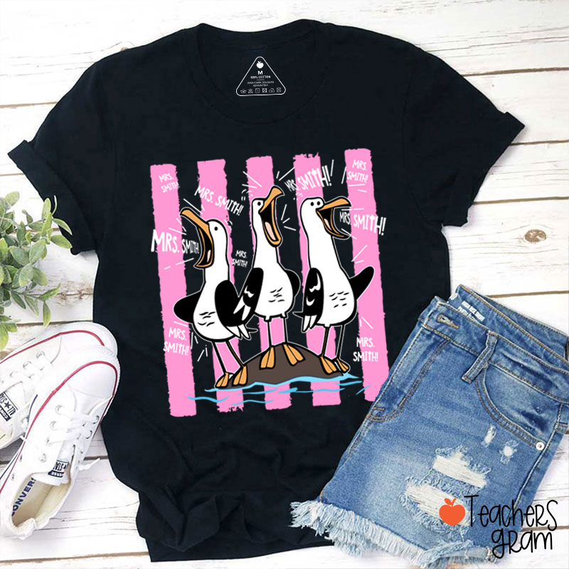 Personalized Pink Stripes Seagull Meme Teacher T-Shirt