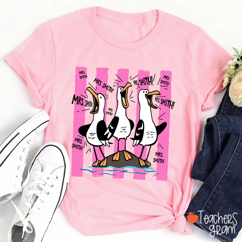 Personalized Pink Stripes Seagull Meme Teacher T-Shirt