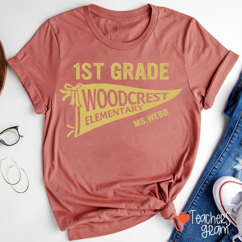 Personalized Grade And School Name Pennant Teacher T-Shirt