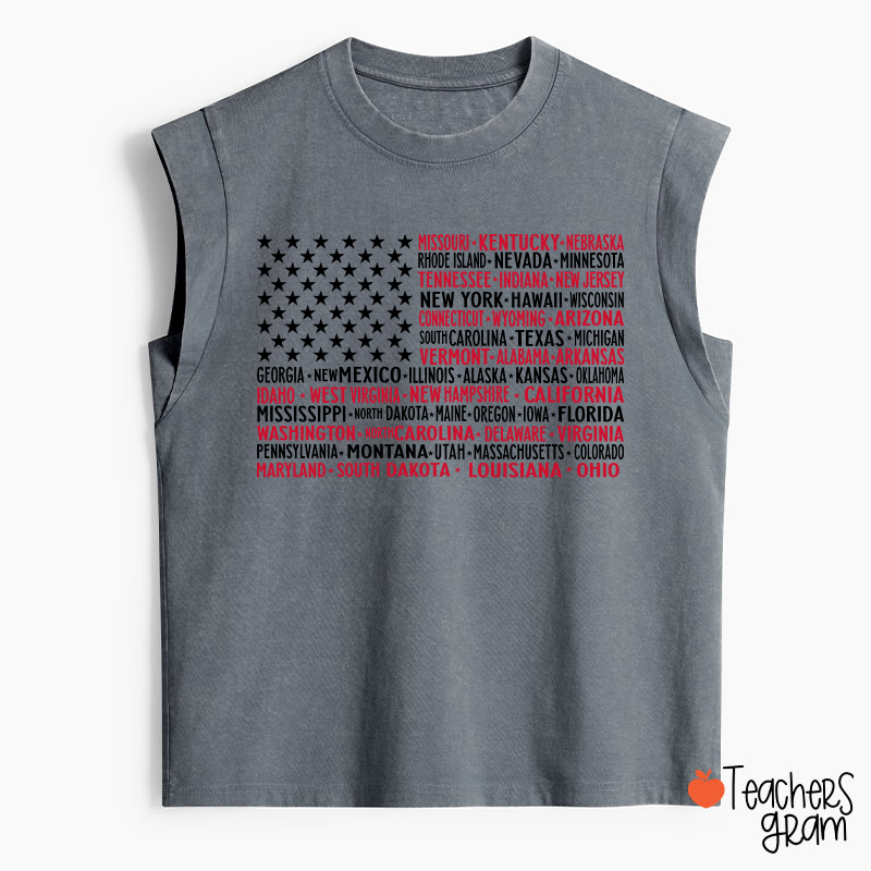 Vintage American Flag 4th Of July Teacher Washed Tank Top