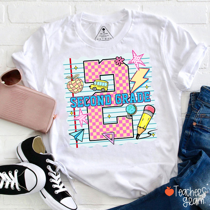 Personalized Pink Plaid And Notebook Style Teacher T-Shirt