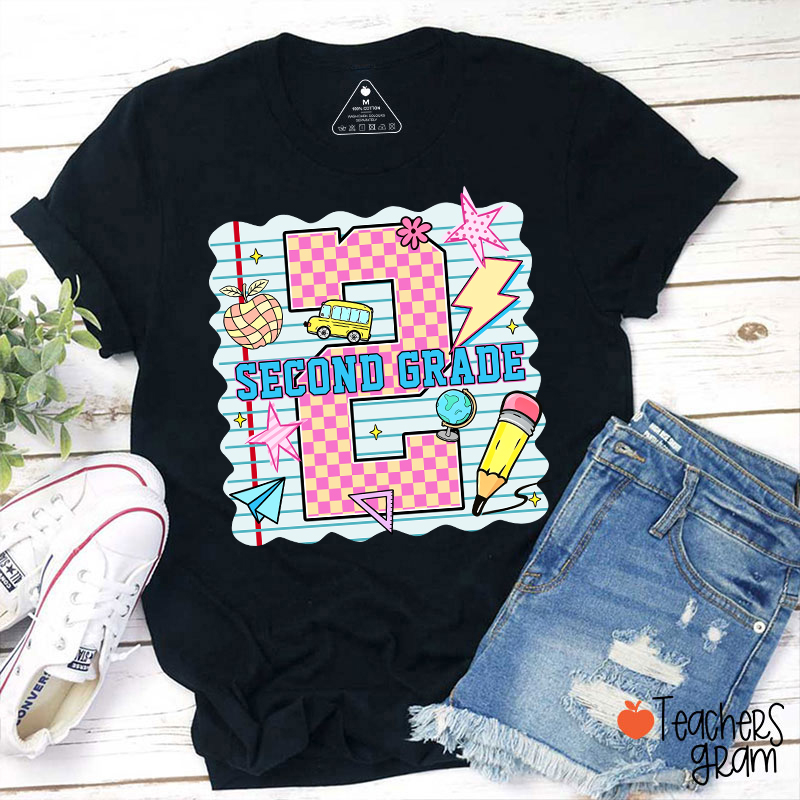 Personalized Pink Plaid And Notebook Style Teacher T-Shirt