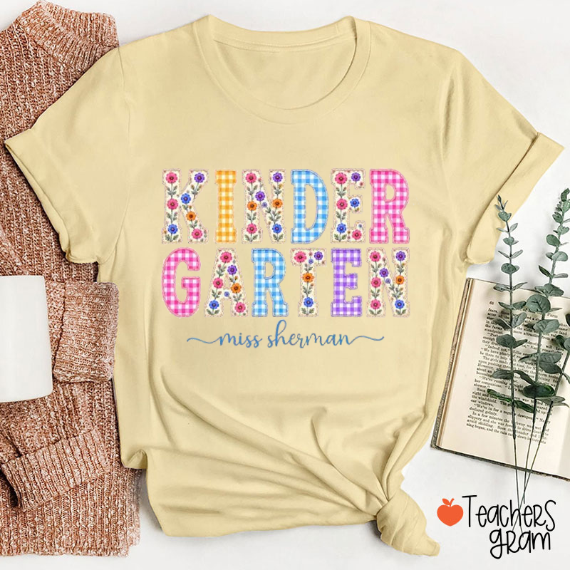 Personalized Name Floral Gingham Teacher T-Shirt