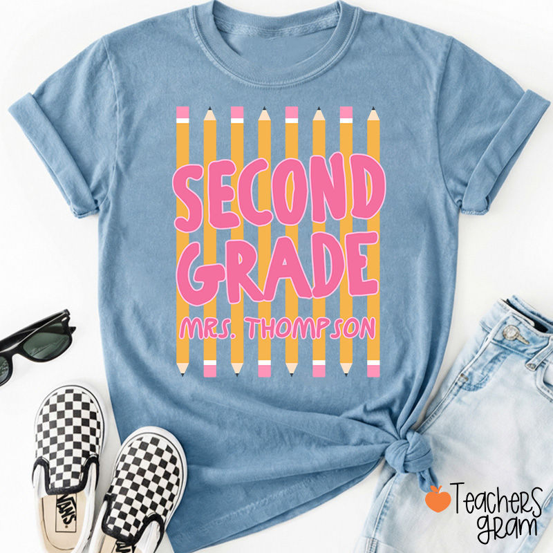 Personalized Name And Grade Pencil Stripes Teacher T-Shirt