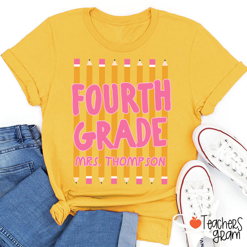 Personalized Name And Grade Pencil Stripes Teacher T-Shirt