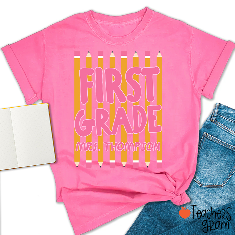 Personalized Name And Grade Pencil Stripes Teacher T-Shirt