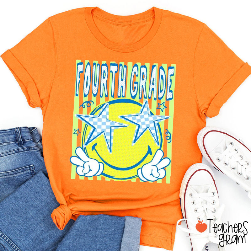 Personalized Grade Peace Sign Smile Face Teacher T-Shirt