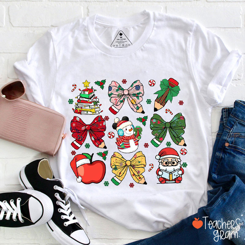 Cute Santa Snowman Pencil Bow Teacher T-Shirt