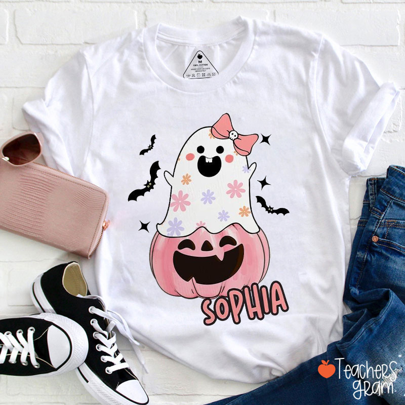Personalized Name Pink Pumpkin Ghost Teacher T-Shirt