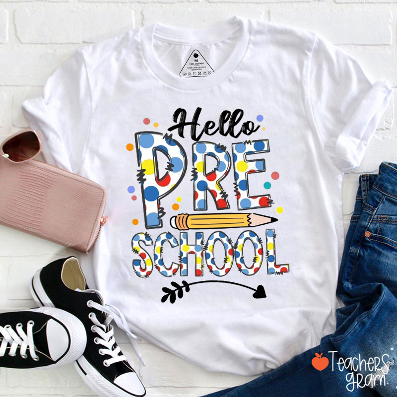 Personalized Colorful Dot Letters Hello Grade Teacher T-Shirt