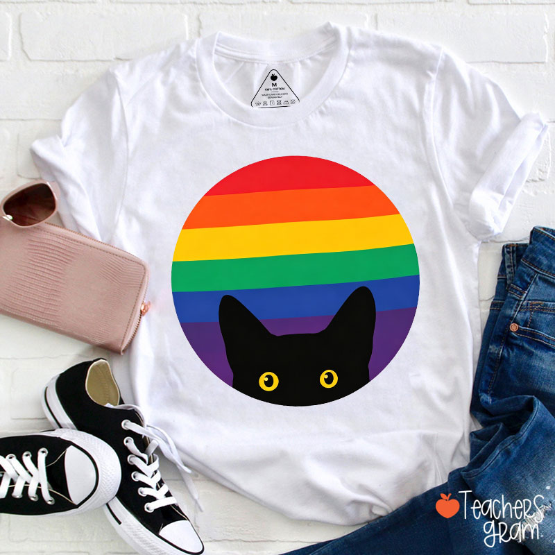 Peeking Cat In Rainbow Teacher T-Shirt