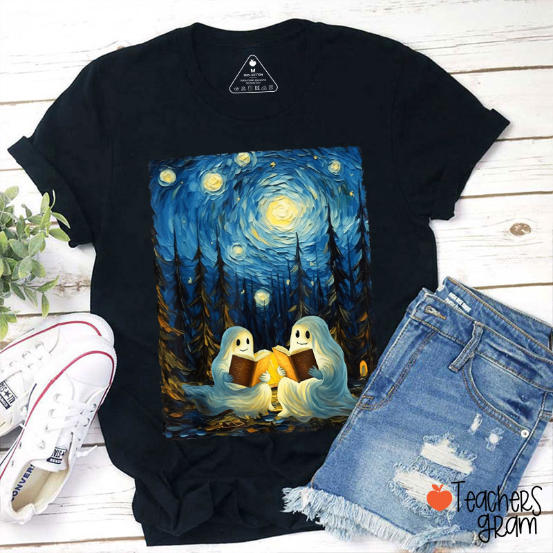 Starry Night Ghost Book Reading Van Gogh Art Teacher T-Shirt