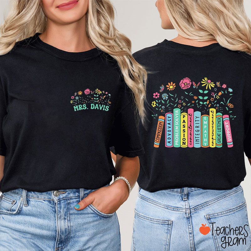Personalized Name Book Flower Teacher Two Sided T-Shirt