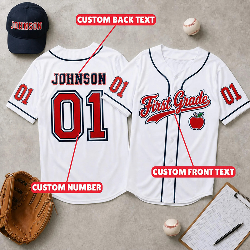 Personalized Grade Name Number Apple Graphic Striped Teacher Baseball Jersey