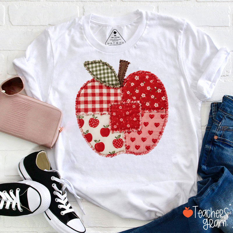 Vintage Patchwork Apple Gingham Floral Heart Teacher Graphic Teacher T-Shirt