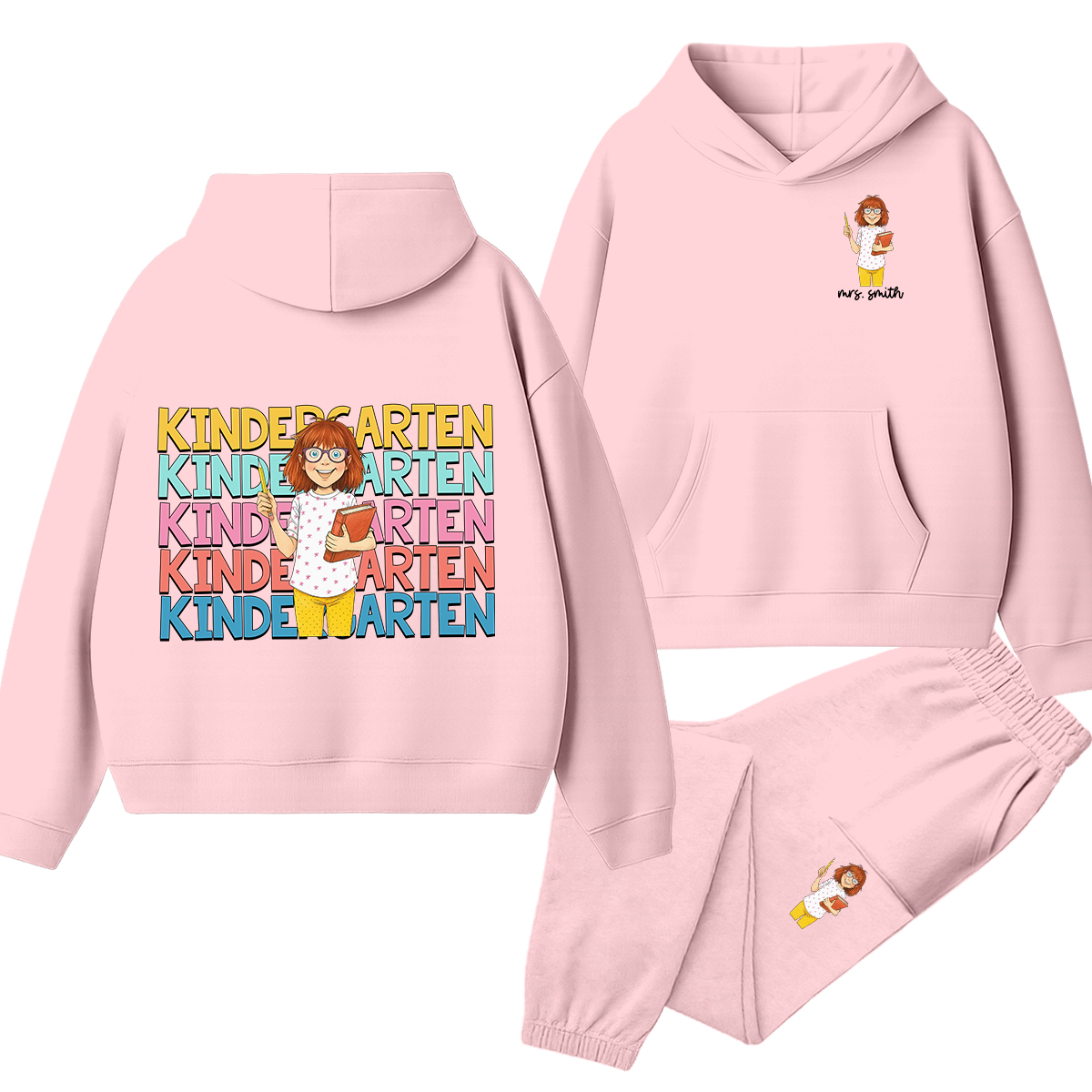 Personalized Grade And Name Cartoon Teacher Reading Teacher Hoodie Set