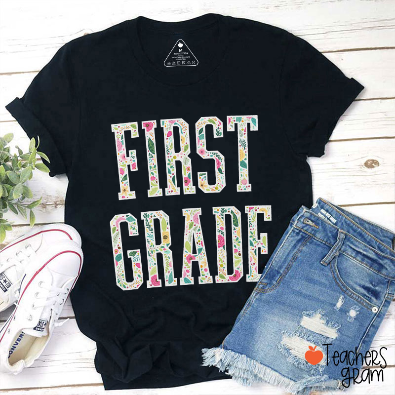 Personalized Grade Flowers Floral Teacher T-Shirt