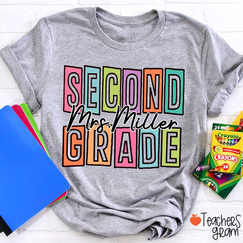 Personalized Name And Grade Colorful Block Letter Cursive Script Teacher T-Shirt