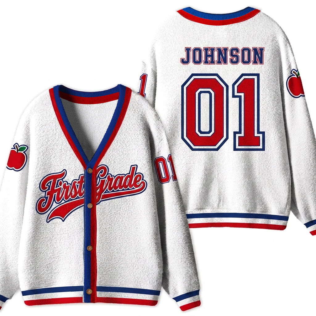 Personalized Grade Name Number Apple Teacher Ugly Cardigan Sweaters