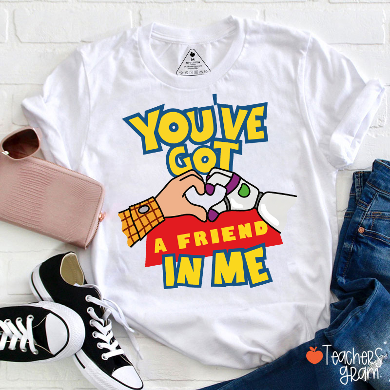 You've Got A Friend In Me Cartoon Cowboy Astronaut Hand Heart Friendship Teacher T-Shirt