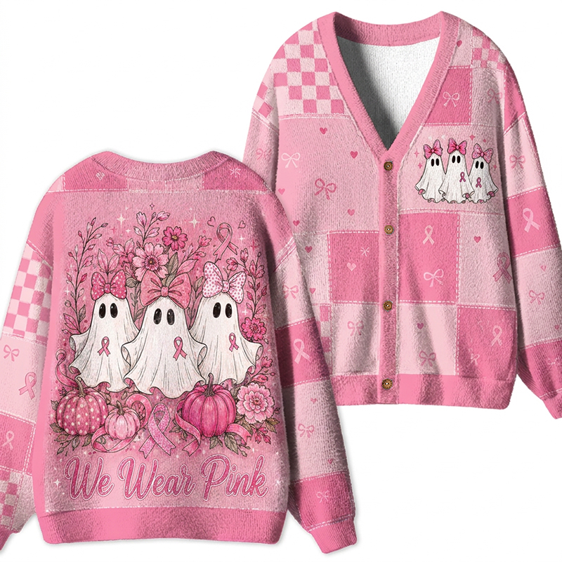 We Wear Pink Halloween Ghost Pumpkin Floral Checkered Patchwork Two Sided Teacher Ugly Cardigan Sweater
