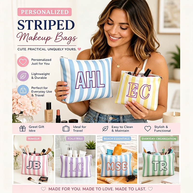 Personalized Monogram Initials Striped Makeup Bag