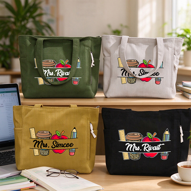 Personalized Name Apple And Coffee Teacher Corduroy Tote Bag