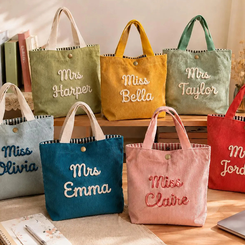 Personalized Name Chunky Yarn Embroidery Corduroy Teacher Tote Bag