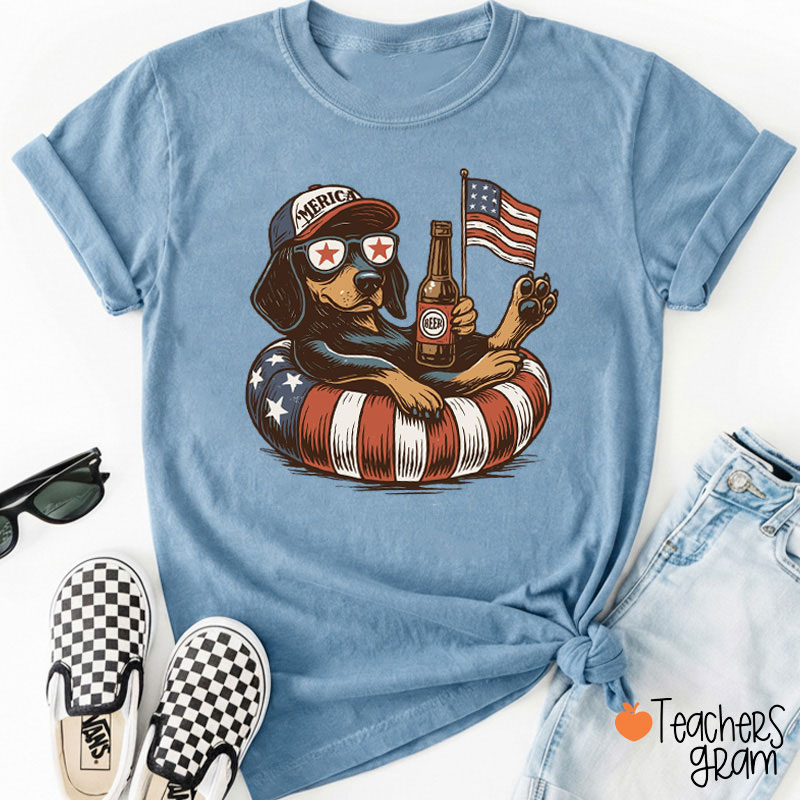 Patriotic Dog American Flag Teacher T-Shirt