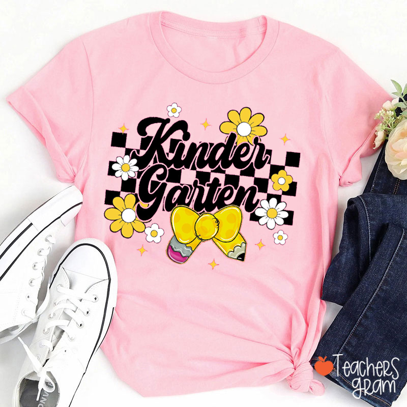Personalized Grade Checkered Flower Pencil Bow Teacher T-Shirt