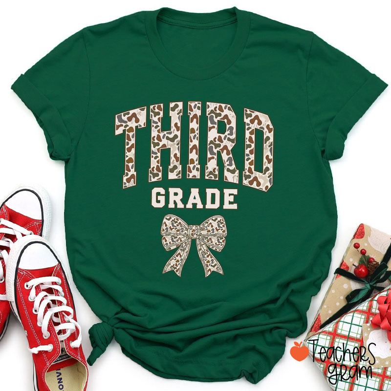 Personalized Grade Retro Camouflage Bow Teacher T-Shirt