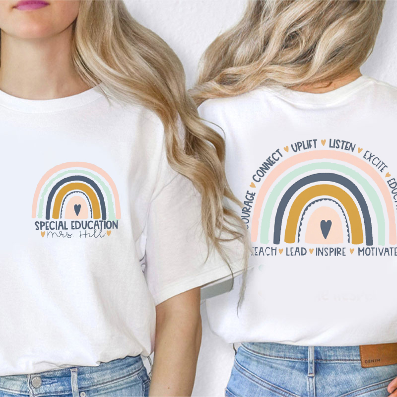 Personalized Encourage Connect Uplift Teacher Two Sided T-Shirt
