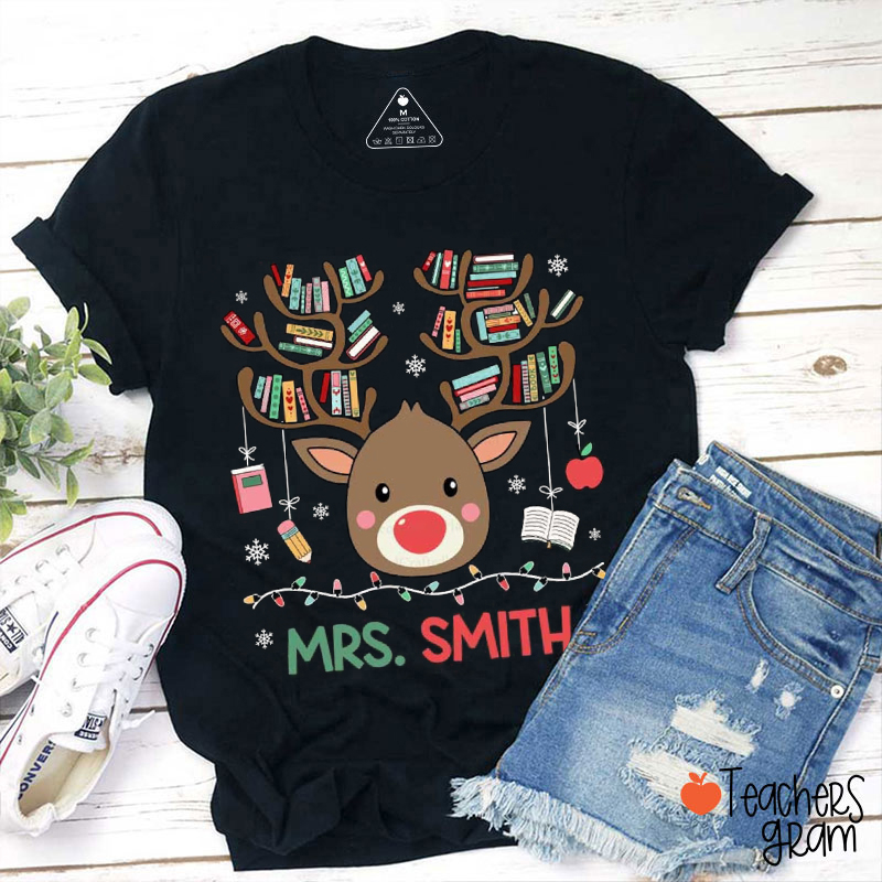 Personalized Name Reindeer Book Teacher T-Shirt