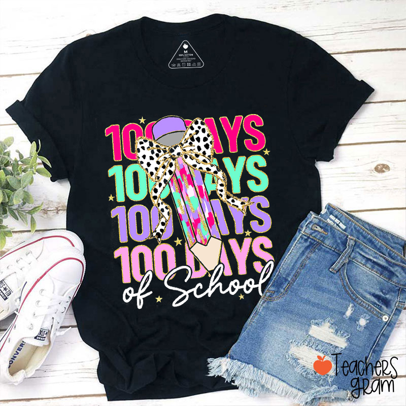 100 Days Of School Leopard Print Bow Pencil Teacher T-Shirt