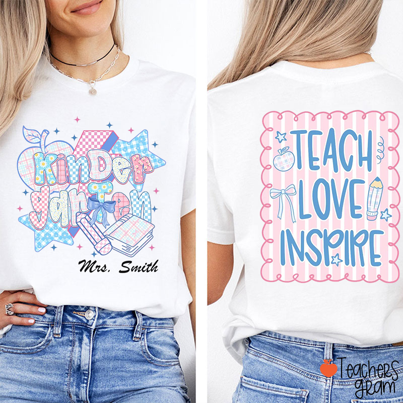 Personalized Colorful Bow Teach Love Inspire Teacher Two Sided T-Shirt