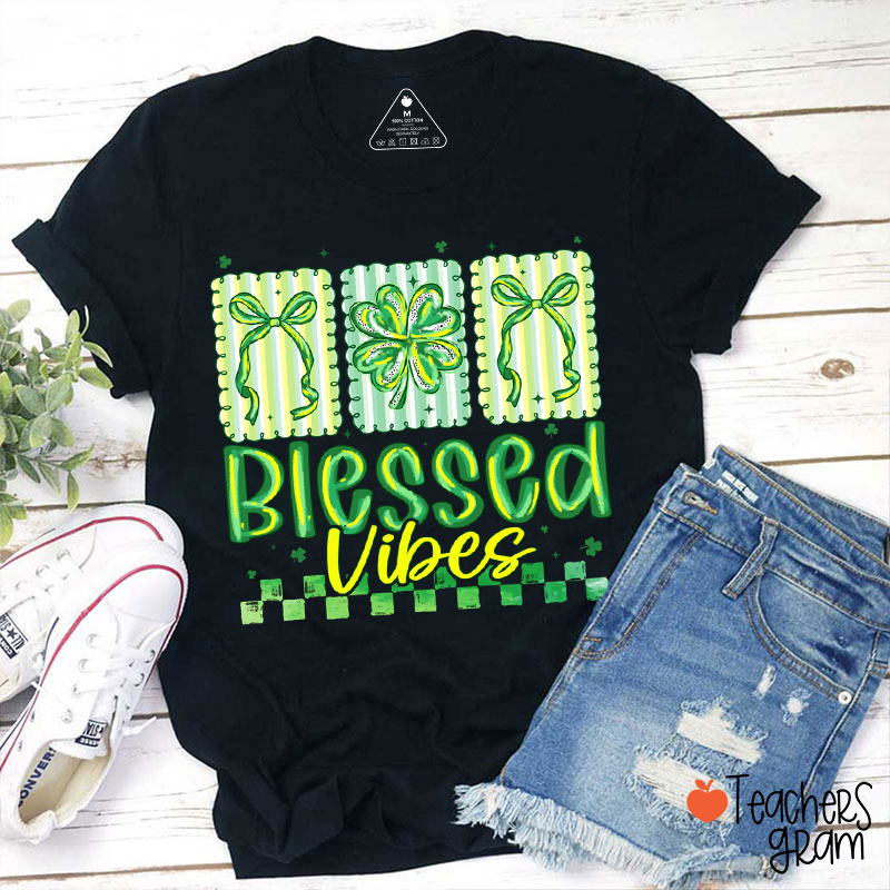 St Patricks Day Blessed Vibes Teacher T-Shirt